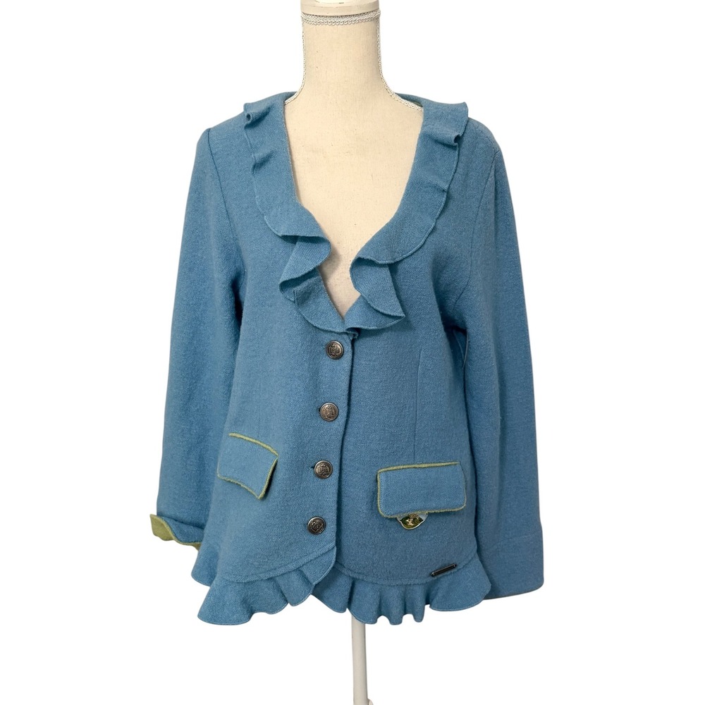 Hammerschmid Blue Boiled Wool Ruffle Trachten Jacket Kehlsteinhaus Pin Womens L